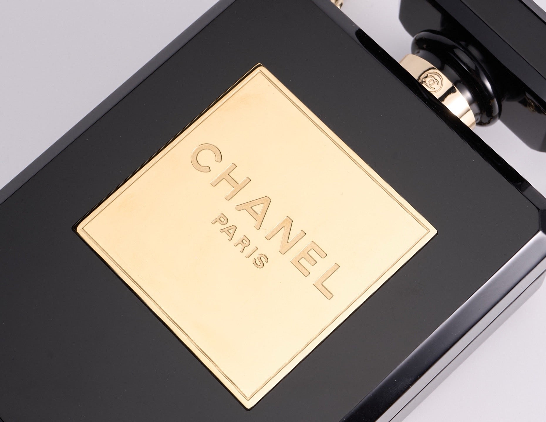 CHANEL - Chanel Balck/Gold Plexiglass Perfume Bottle Evening Bag