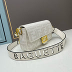 FENDI - Extra Baby white FF Cotton Canvas Medium Baguette Bag