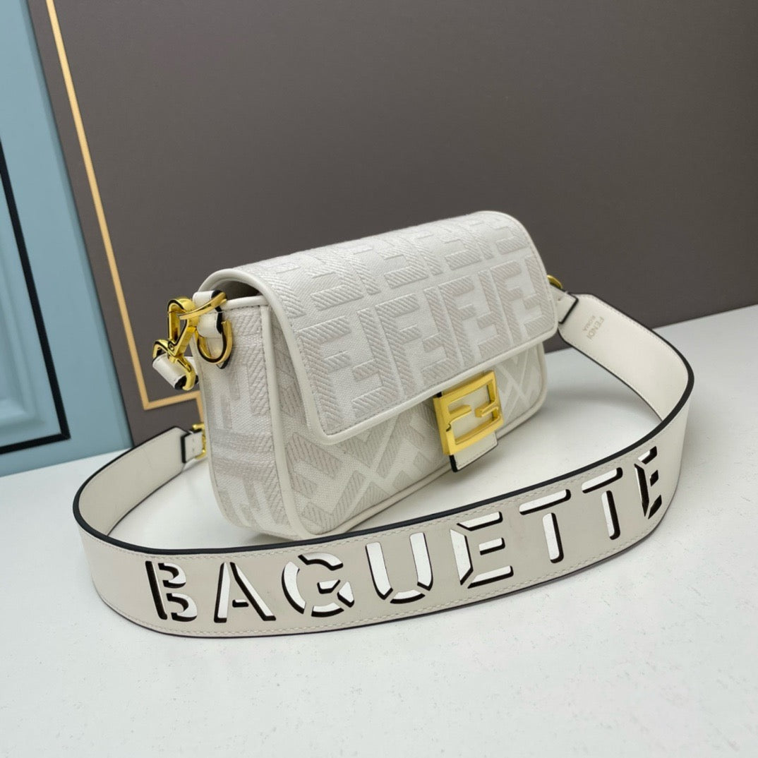FENDI - Extra Baby white FF Cotton Canvas Medium Baguette Bag