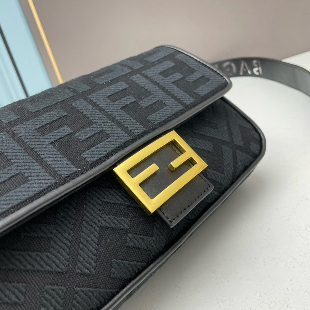 FENDI - Extra Baby black FF Cotton Canvas Medium Baguette Bag