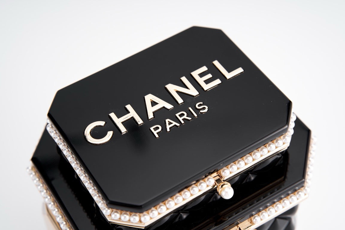 CHANEL - Limited Edition Black Quilted Resin Tea Box Minaudiere Imitation Pearl and Gold Hardware, 2024