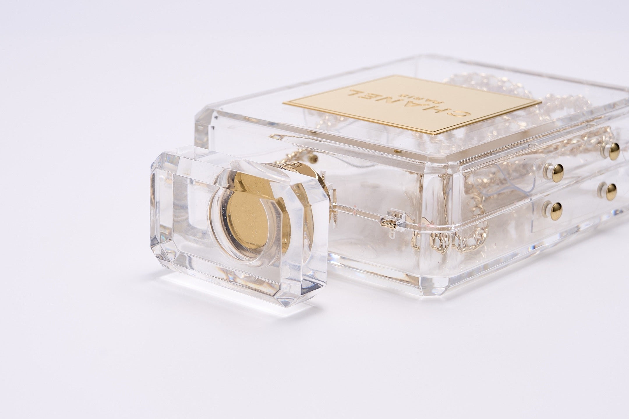 CHANEL - Chanel Clear/Gold Plexiglass Perfume Bottle Evening Bag