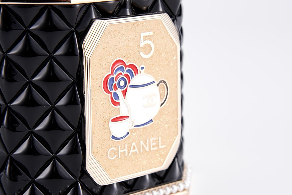 CHANEL - Limited Edition Black Quilted Resin Tea Box Minaudiere Imitation Pearl and Gold Hardware, 2024