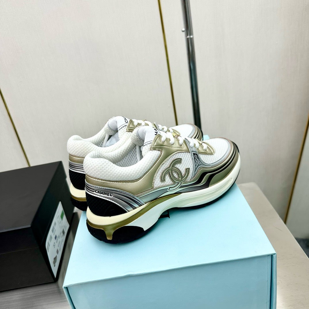 CHANEL - Fabric Laminated Calfskin Stretch CC Sneakers 38 White Gold Silver